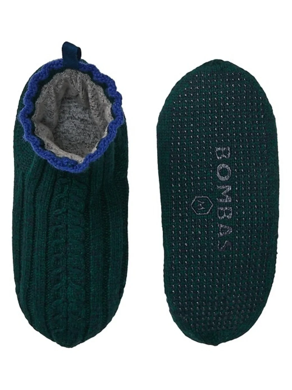 Bombas Forest Green Knit Slipper Socks with Blue Trim size L